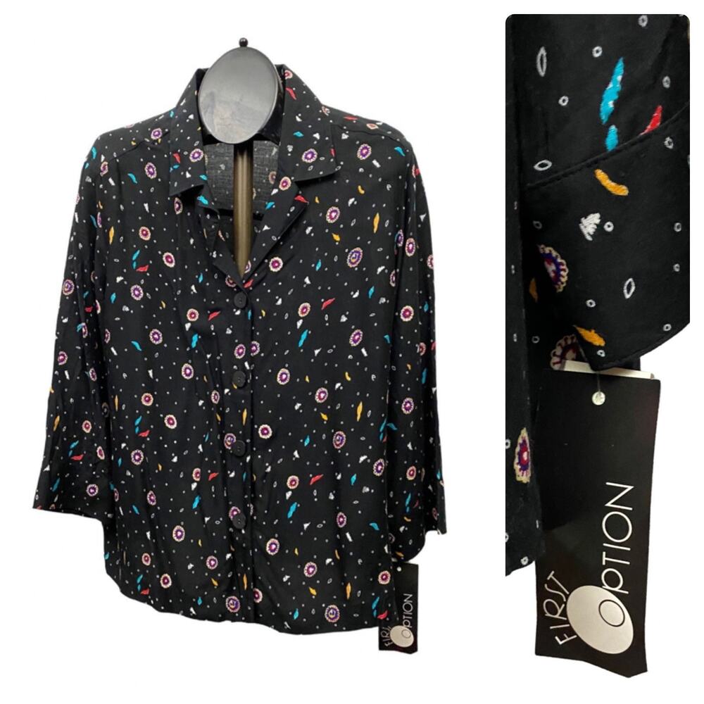 Deadstock Vintage Black Feather Abstract Print Blouse Shirt Top / Large *